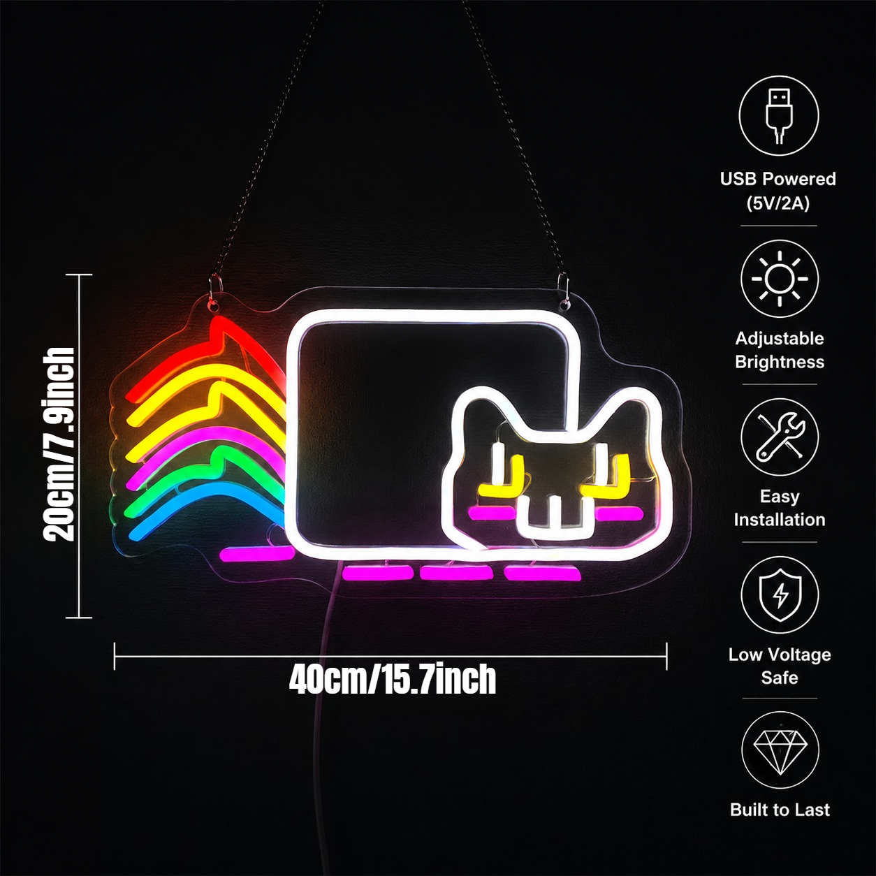 Rainbow Cat LED Neon Sign, USB - Ambient Light Bar Usb ulasan dan harga